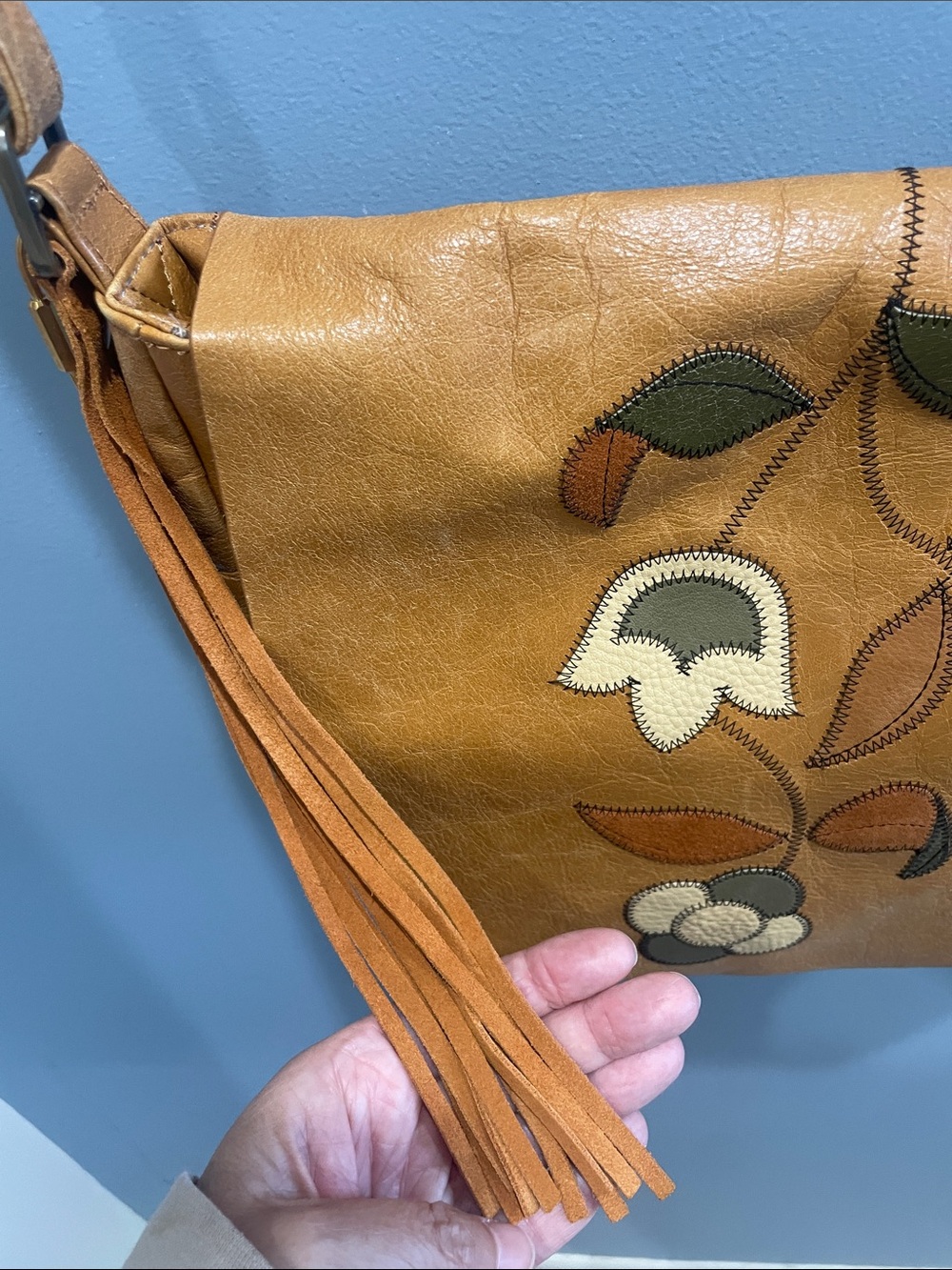 HOBO Tan Floral Appliqué Crossbody Purse with Tassel - Picture 2 of 7